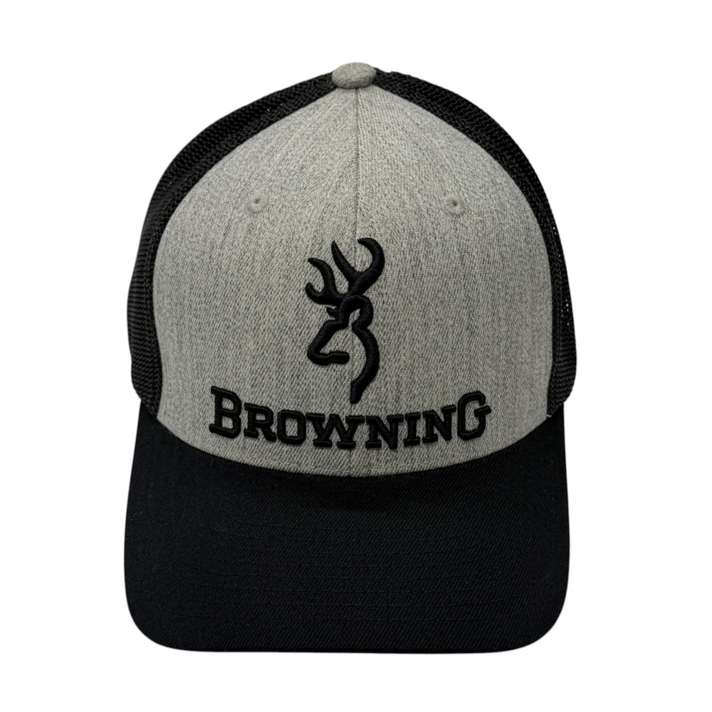 Browning Mens Flexfit L-XL Trucker Hat Gray Black Mesh Embroidered Buckmark Cap